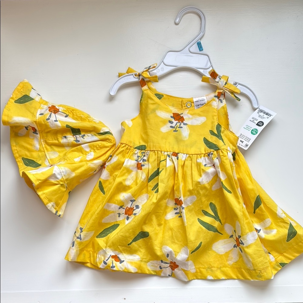 Bright Yellow Floral Dress with Hat